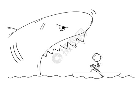 划船遇到巨鲨的火柴人卡通矢量插图图片