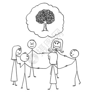 相互交差的树卡通棒图画从概念上说明一群或人商站在树自然形象想法周围的圆圈里相互牵手插画
