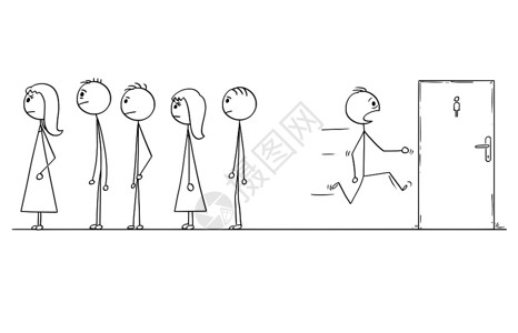 洗手间门卡通棍图描绘在排队等候的男子在匆忙中去公共厕所或休息室等的人概念图插画