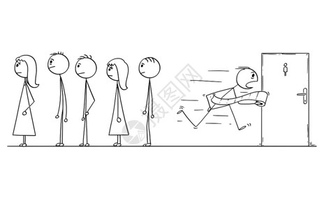 卫生间门挂卡通棍图描绘了在排队等候的男子观念图这些人匆忙地用纸卷去公共厕所或休息室插画