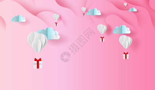 粉红彩棠花边框3D纸质艺术和工设计气球礼品以粉红天空背景摘要曲线形式制作在空气云中与吉普盒一同飘浮Valentine日光概念贺卡的元素背景矢量插画
