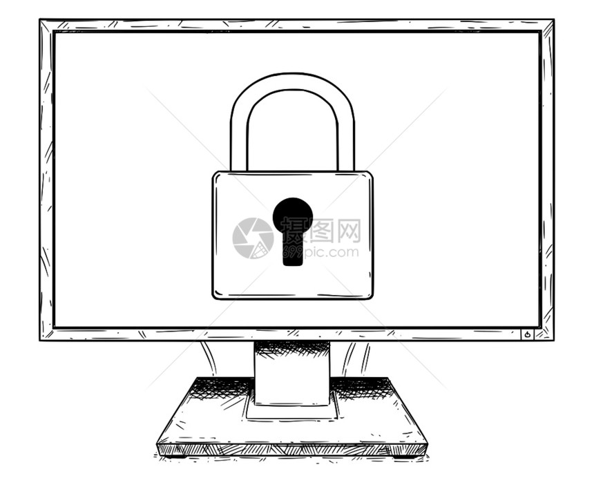 以锁定或挂符号作为网络或互联安全概念的计算机显示或屏幕的刻画插图图片