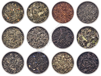 12个在金属罐中分离成白色的松叶绿白黑红和草药茶样本图片