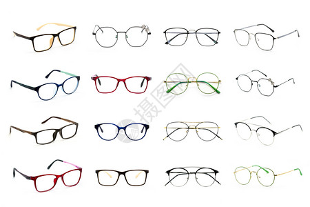 一群现代时尚的眼镜孤立在白色背景上完美的反射玻璃框背景图片