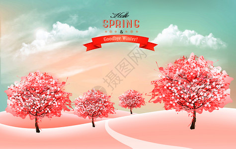 春天的自然背景鲜花樱桃树和云的天空矢量图片