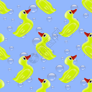 黄色卡通气泡Fabric和装饰的蓝色泡背景上有趣的橡胶黄鸭无缝模式背景