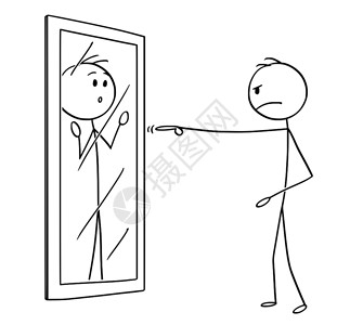 镜子里的人指责镜子中的自己的火柴人卡通矢量插图插画