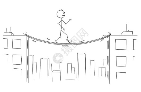 卡通棍子图描绘了男人或商在高楼之间走不稳定和摇的桥梁上概念图图片