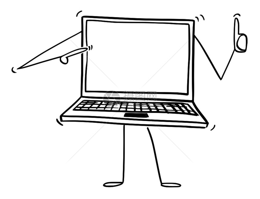 用笔记本或电脑字符绘制笔记本或电脑概念插图指向空屏幕并显示缩拇指您的文本有空间笔记本或电脑字符的卡通或笔记本计算机字符指向您自己图片