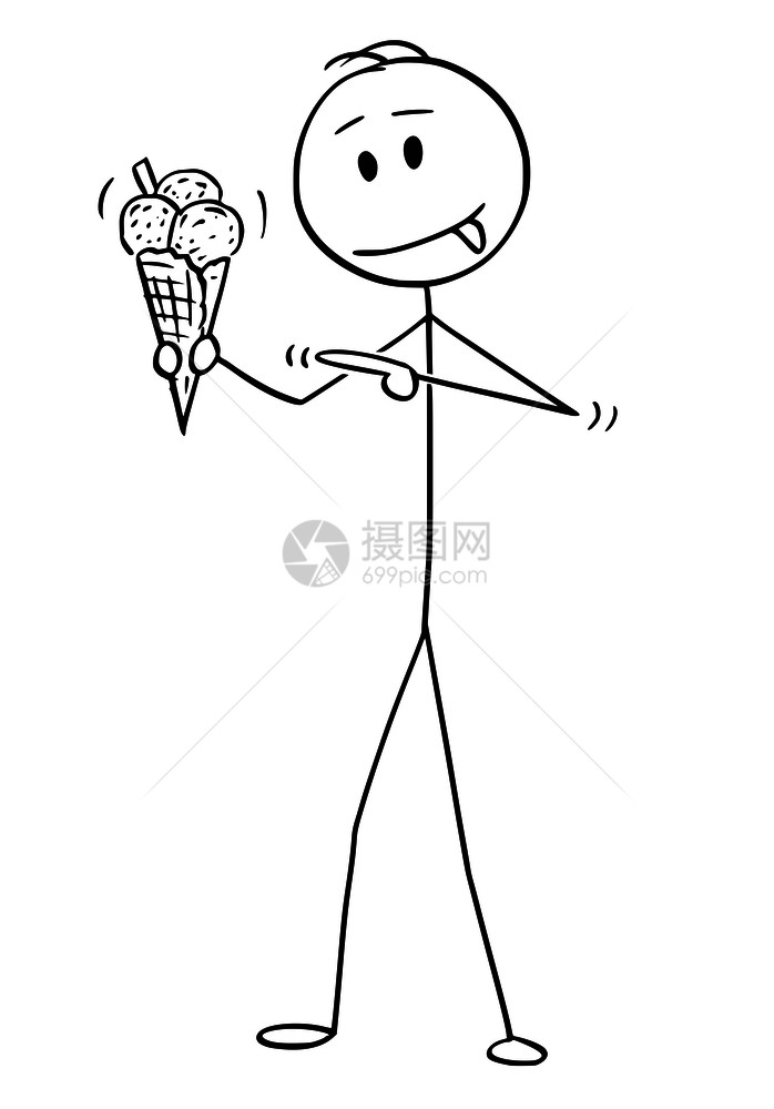 卡通棍子图解男持有冰淇淋锥并指着它的概念图图片