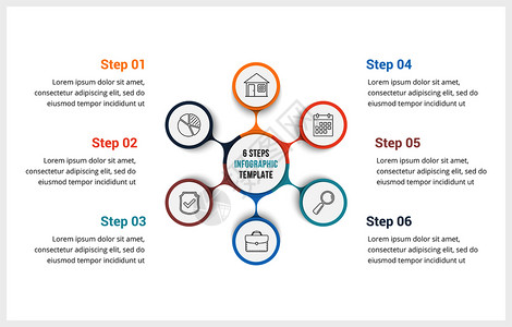 包含六个元素的圆形信息图模板可用作进程图步骤选项矢量eps10插图图片
