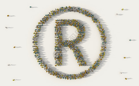 商标R形成r标志或注册社会媒体商标符号志和白人背景社区概念中的商标符号一大批人聚在起背景