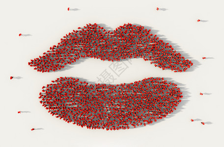 在社交媒体和白人背景的社区概念中形成嘴唇或口符号的一大批人图片