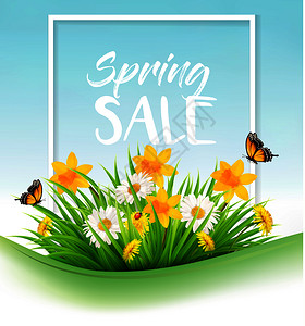 春期销售背景有草鲜花和蝴蝶矢量图片