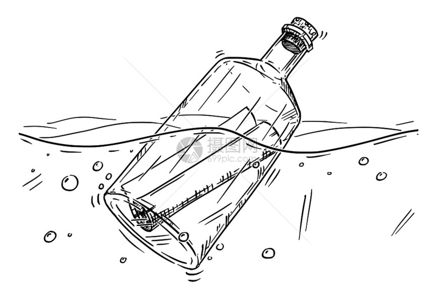 在海洋中漂浮的玻璃瓶卡通矢量插图图片
