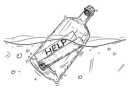 在海洋中漂浮的玻璃瓶求救信卡通矢量插图图片
