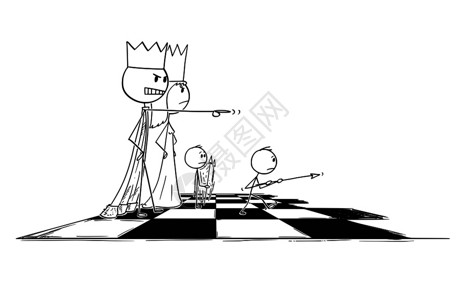 卡通棒图绘制大象棋王派小当兵人去打仗或战斗的概念图权力和支配地位的比喻象棋王的卡通将小象棋图送去战斗背景图片