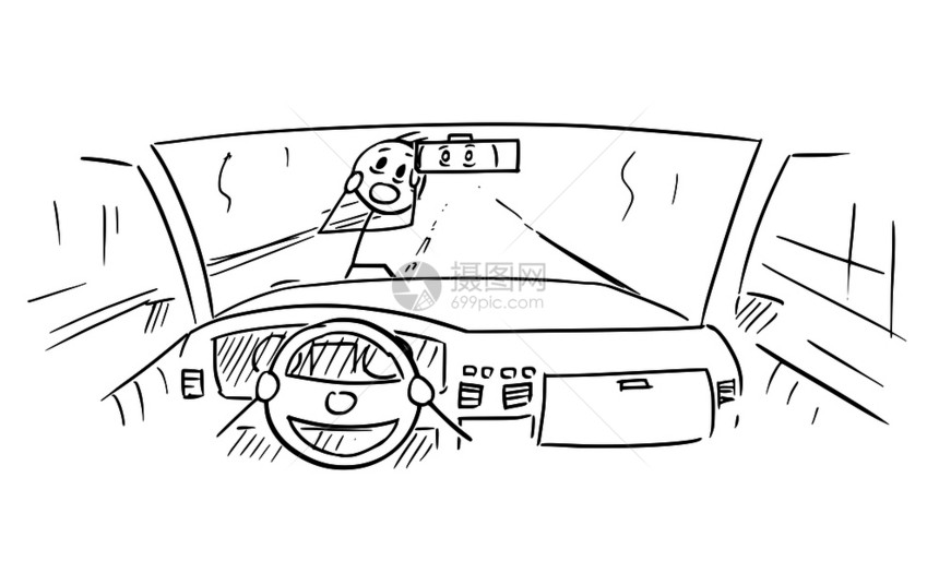 Cartoon汽车仪表板和司机在行人事故绘制图图片