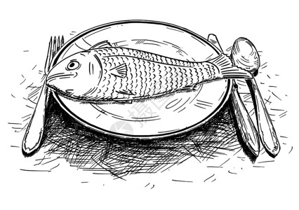卡通图画晚餐盘上鱼食的插图卡通画晚餐盘上鱼食的图画背景图片
