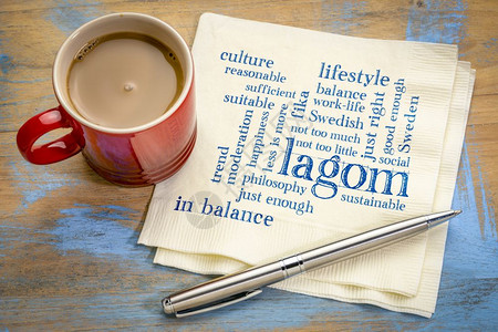 瑞典均衡生活方式概念的平衡生活方式餐巾纸上的字云加一杯咖啡背景图片