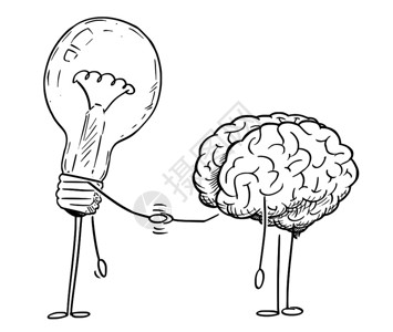 卡通棒图绘制大脑和灯泡或人物握手的概念插图图片