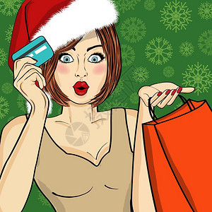 女性居家使用信用卡购物带袋和信用卡的圣诞女孩插画