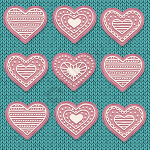 粉红心饼干在编织背景上被孤立爱情背景矢量图片