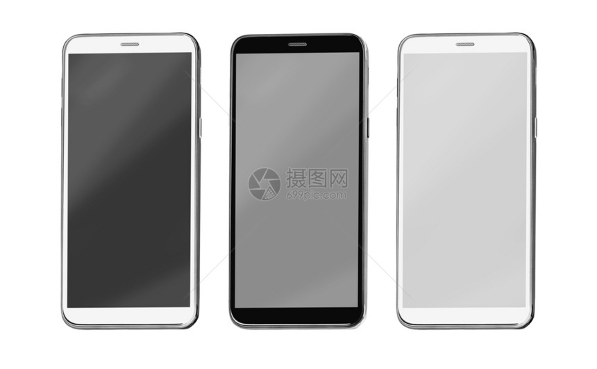 现代触摸屏幕智能手机在白色背景与剪路径隔离图片