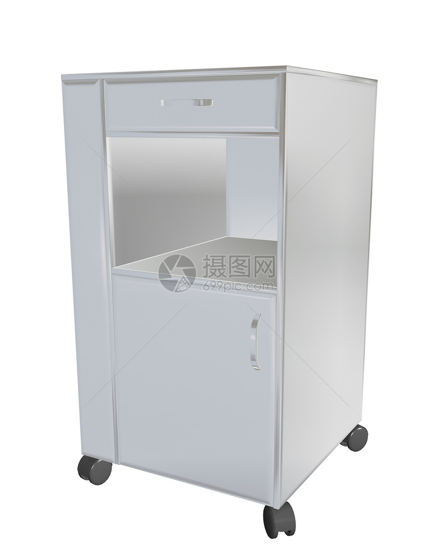 不锈钢流动柜3个插图医疗用在白色背景下隔离图片