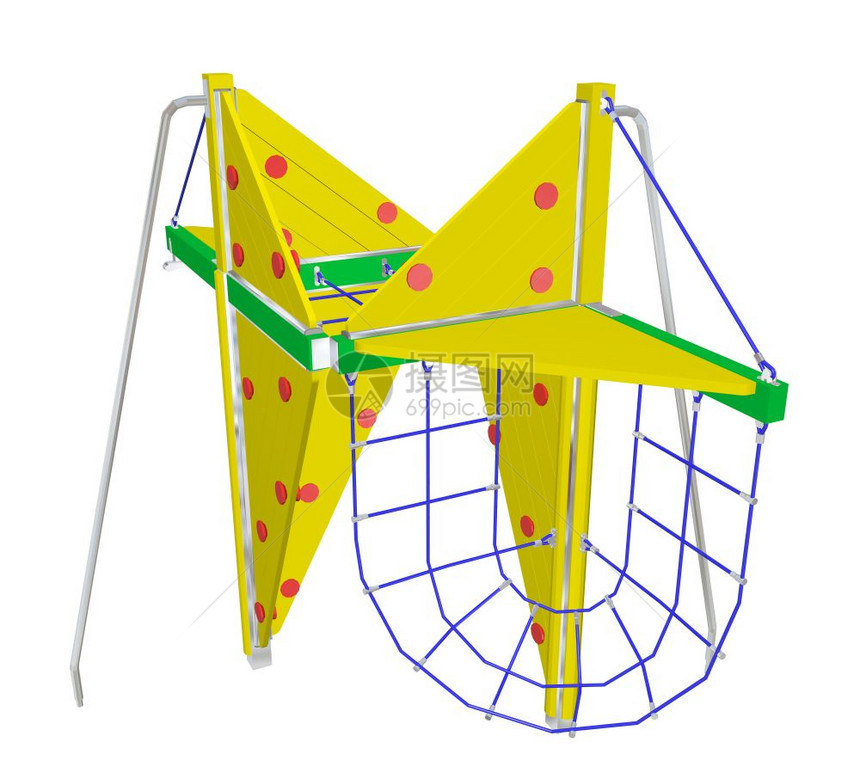 播放和攀爬网黄色绿红点3D插图在白色背景中隔离图片