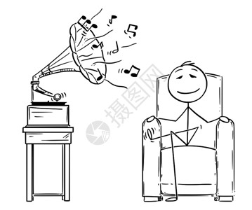 光影留声毛笔字卡通棍子图描绘了男人坐在舒适的扶手椅上享受古老的闭着眼睛留声器听力音乐概念图插画