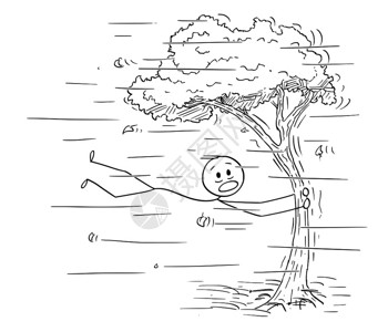 台风树被大风刮后抱着树干的火柴人矢量卡通插图插画