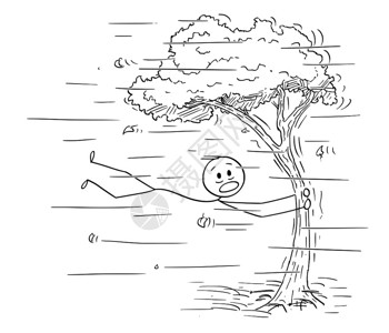 被大风刮后抱着树干的火柴人矢量卡通插图图片