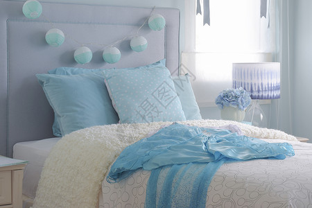 在浅蓝色室内卧的蜜蜂泡毯上穿浅蓝色西弗森礼服图片
