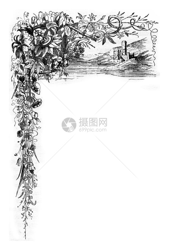 花章页面设计与城堡在水边1876年从ChemindesEcoliers古代雕刻图片