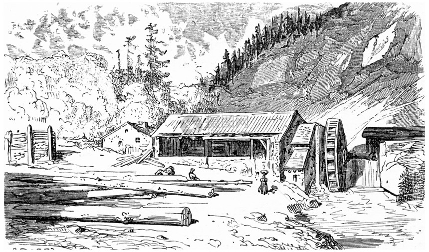 186年从ChemindesEcoliers获得的锯木厂旧式刻画图图片