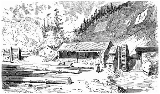 木材图186年从ChemindesEcoliers获得的锯木厂旧式刻画图背景