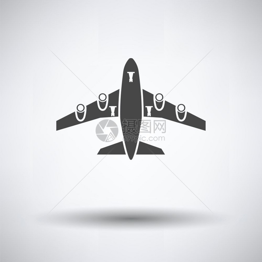 飞机起图标前视角灰色背景圆影矢量图示图片