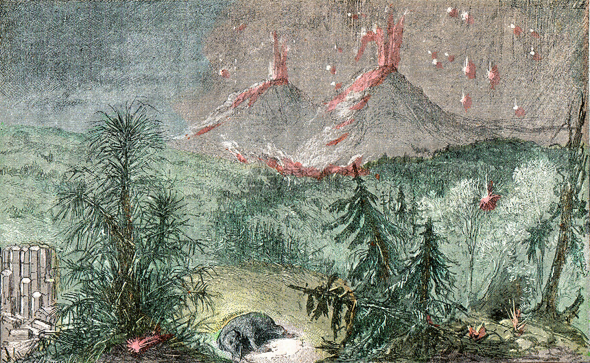 Pliocene时期开始的运河火山灰和岩浆的燃烧由自然创造和人类所雕刻的古老插图图片