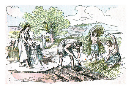 铁时代的农业工作由自然创造与生活人类撰写的老式插图图片