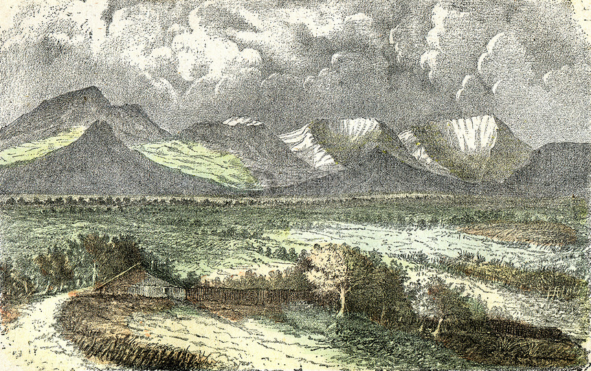 山丘链条上的火灭绝在奥弗涅由自然创造和人类所绘制的古老雕刻图解图片