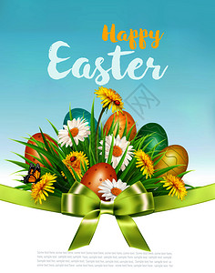 复活节背景青草和春花里有椰子蛋矢量高清图片