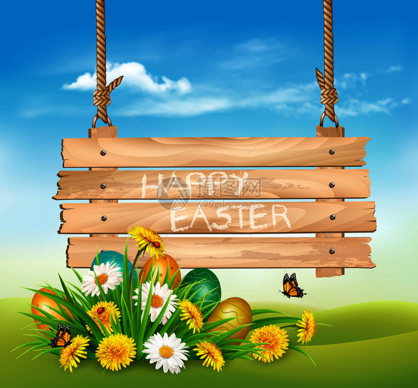 复活节背景绿草和木牌上含有科洛弗罗蛋的复活节背景矢量图片