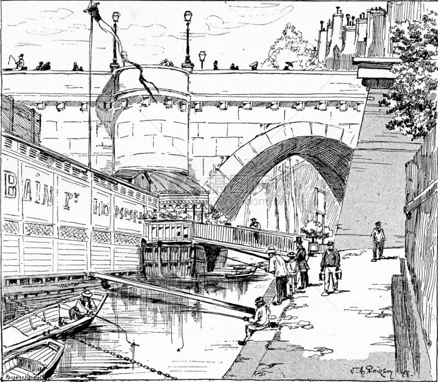 PontNeuf的银行刻有古老的插图巴黎AugusteVITU1890年图片