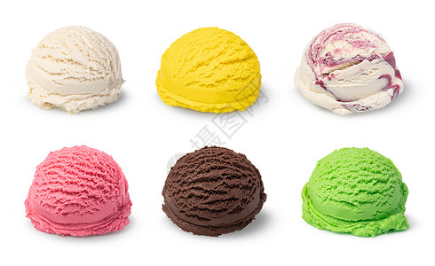 白色背景上六种口味颜色的冰淇淋球图片