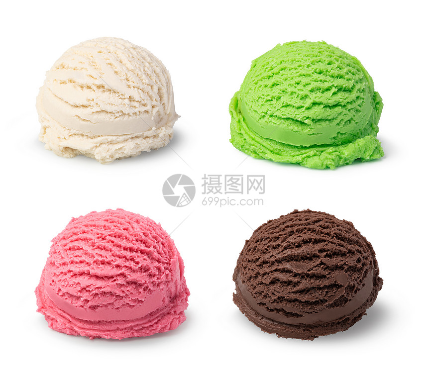 白色背景上四种口味颜色的冰淇淋球图片
