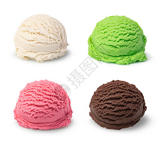 白色背景上四种口味颜色的冰淇淋球高清图片