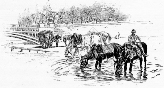 通过SolferinoBridge的饮用水刻有古老的插图巴黎AugusteVITU1890年背景图片