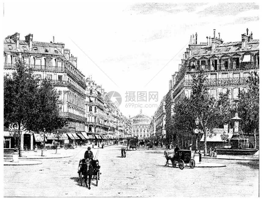 法国剧院广场Opera大道刻有古老的插图巴黎VITU奥古斯特1890年图片
