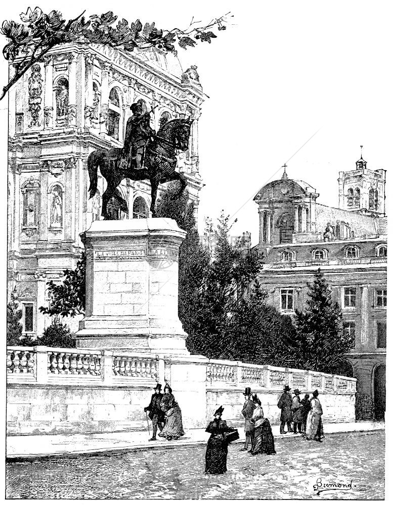 EtienneMarcel的雕像从市政厅的码头前方刻有古老的插图巴黎AugusteVITU1890年图片